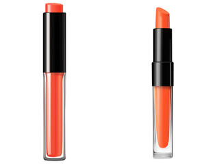 Obraz premium Set of a glossy lip gloss with an elongated black cap and vibrant coral color, isolated on transparent background.