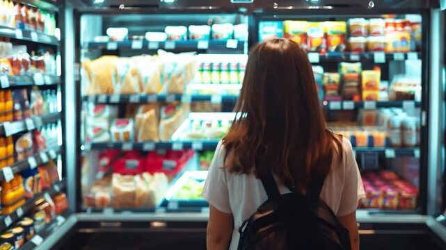 This person is closely inspecting snack options inside a vending machine at night.