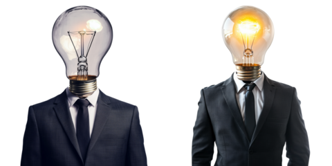 Set of a man with a light bulb-shaped head, isolated on transparent background.