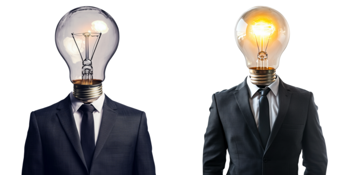 Set of a man with a light bulb-shaped head, isolated on transparent background.