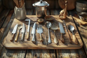 Vibrant Image of a Wooden Cutting Board with Many Different Kitchen Utensils on it