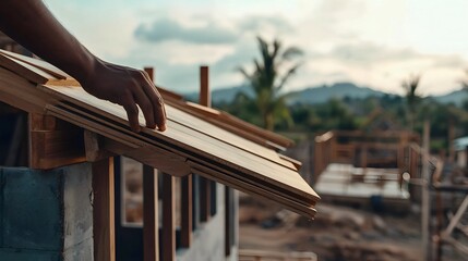 Obraz premium A hand carefully positions a wooden plank, building a roof under a serene sunset sky. The scene evokes a sense of peace and craftsmanship, showcasing diligent work in nature's embrace.