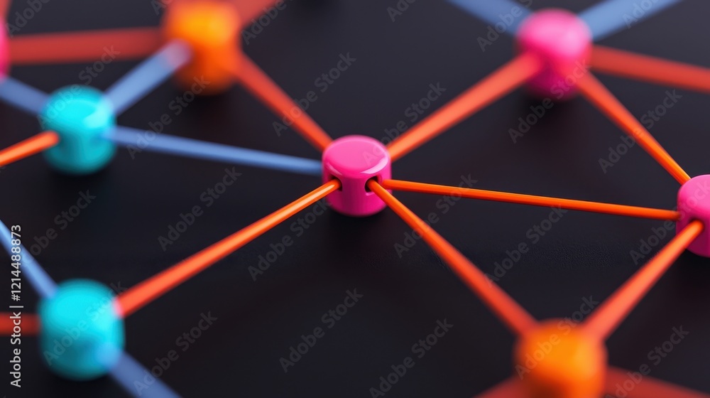 Poster colorful network connections with nodes and lines on a dark background