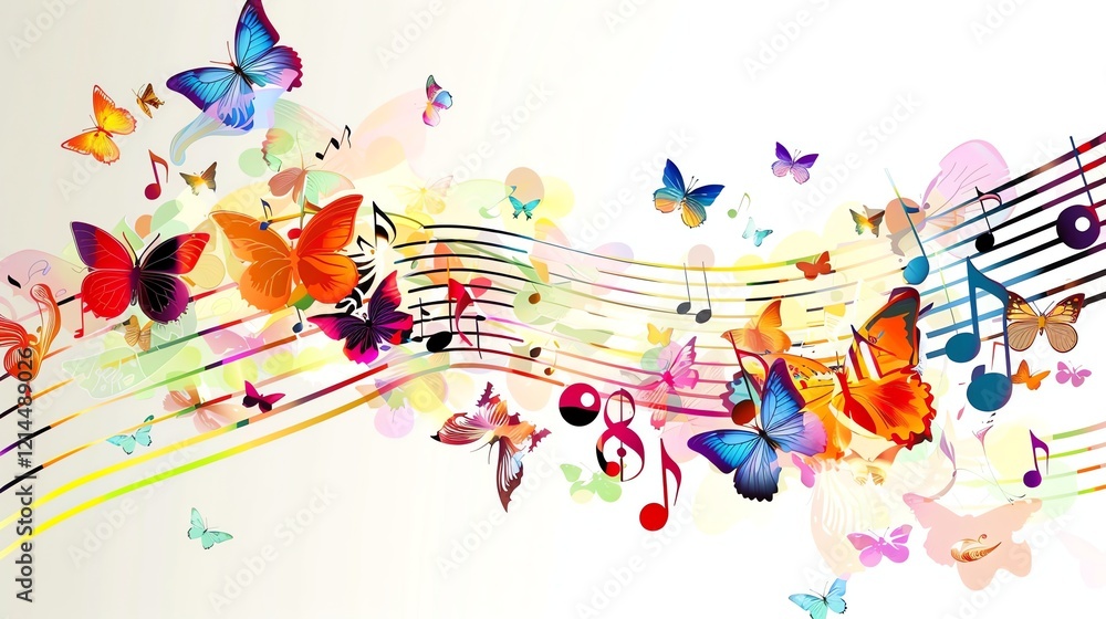 Poster a colorful abstract design with butterflies and music notes.