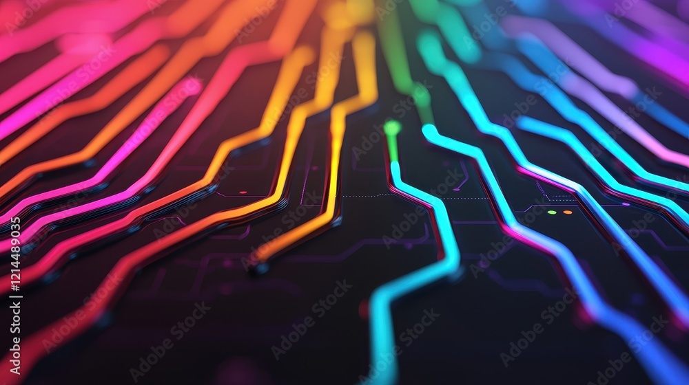 Poster colorful circuit board pattern with neon glow for technology background