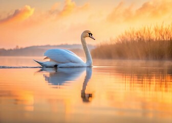 Fototapeta premium Minimalist Mute Swan Reflection: Serene Lake Bird Photography