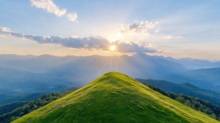 Fototapeta premium Sunset over grassy mountain peak, scenic valley background, nature photography, travel poster