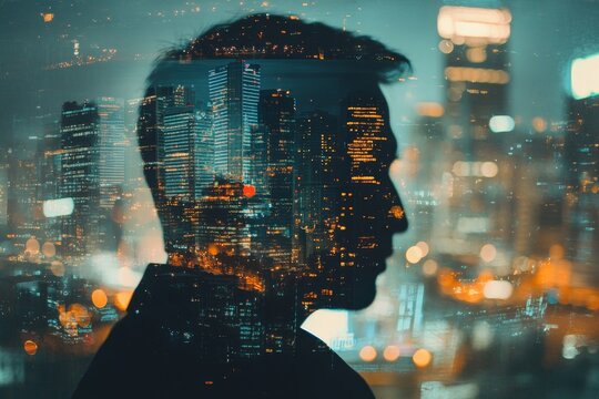 The double exposure image of the businessman thinking overlay with cityscape image and futuristic hologram. The concept of modern life, business, city life and internet of things, Generative AI