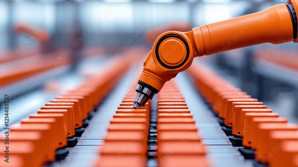 Poster robotic arm in factory setting with orange components and focused detail