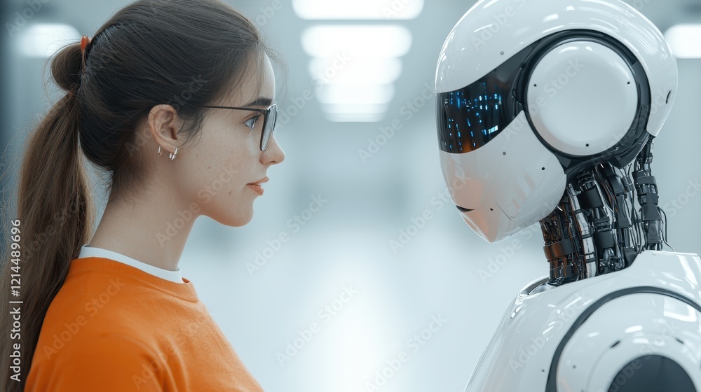 Poster human and robot interaction in a futuristic technology setting