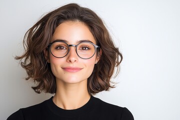 Obraz premium A woman with curly hair and glasses smiles confidently, showcasing her natural beauty and charm. Suitable for various lifestyle and professional themes.