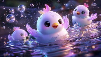 Three cute ducklings playing in water with bubbles.