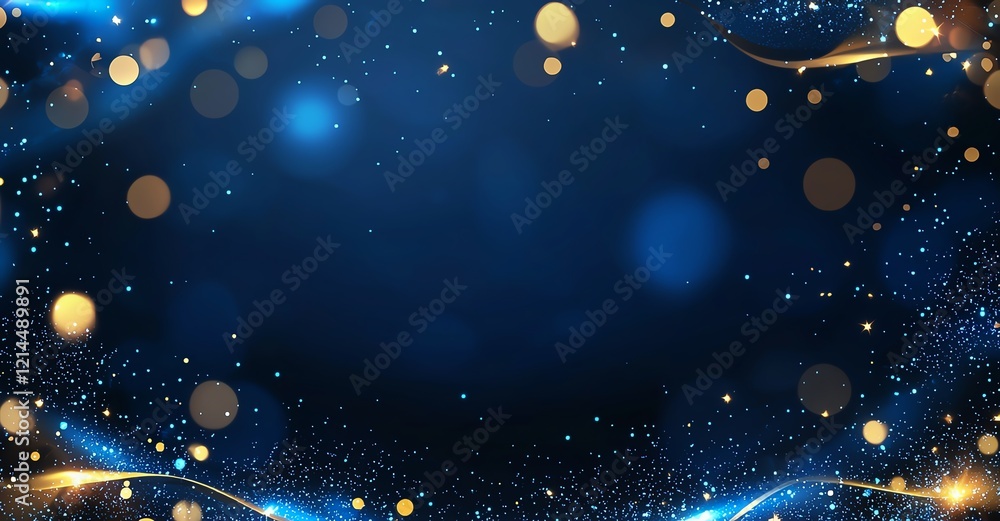 Poster abstract background featuring shimmering lights and sparkling particles in blue and gold tones, suit
