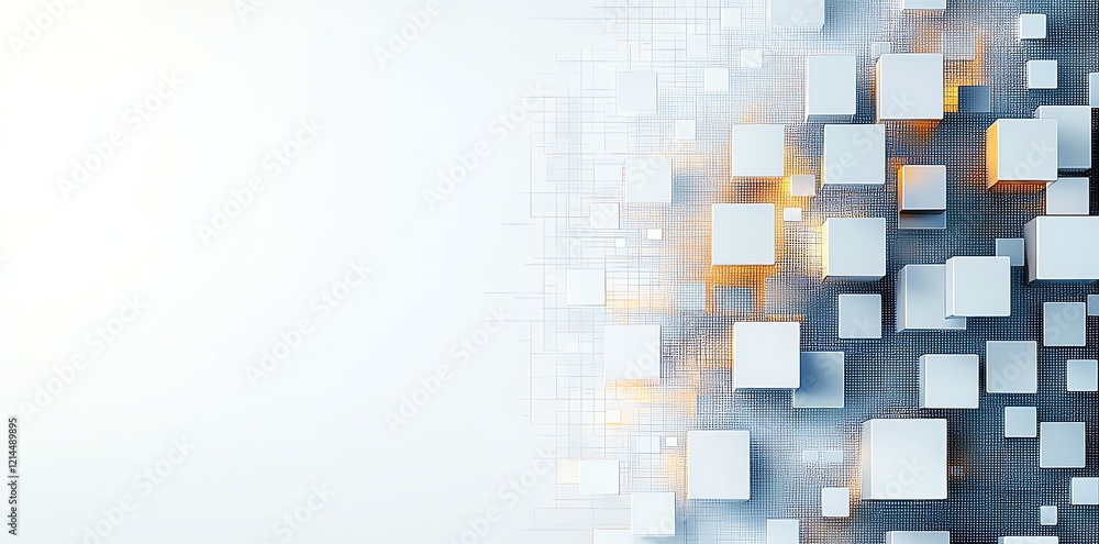 Poster abstract background featuring floating cubes in shades of gray and orange, creating a sense of depth