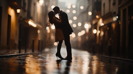Couple sharing a passionate kiss on a rainy city street at night, surrounded by glowing lights, exuding timeless romance