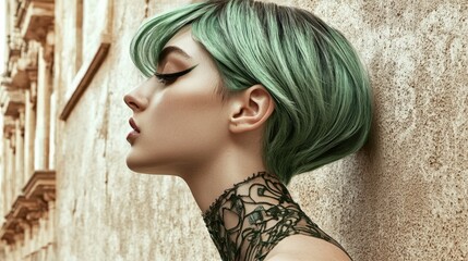 Fototapeta premium Elegant Profile with Green Hair and Lace
