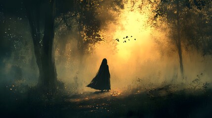 Fototapeta premium Mysterious Figure in Golden Forest Path