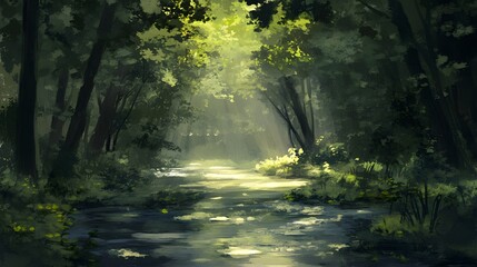 Fototapeta premium Sunlit Forest Stream Lush Greenery Tranquil Nature Scene