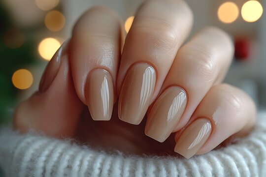 A woman's hand with a fresh nude manicure on a cozy winter background
