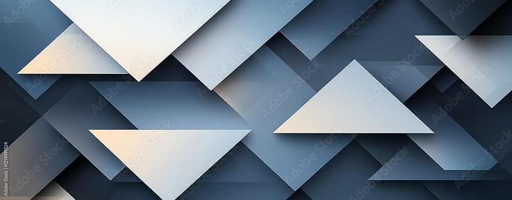 Poster abstract geometric design with layered triangles in varying shades of blue and white, creating a mod