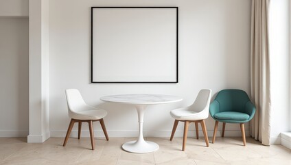 A pristine white marble dining set features two elegant chairs perched on either side, their crisp lines complemented by wooden legs. One chair boasts a striking teal seat for a pop of color against t