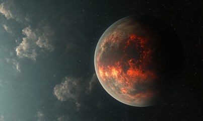 Obraz premium Fiery planet in space with nebula clouds.