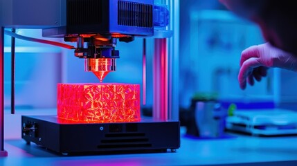 A researcher exploring new technology with a 3D printer in a tech innovation center."