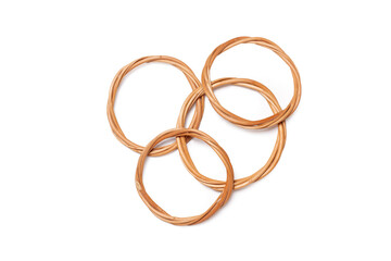 Five wicker hoops on a white background with copy space