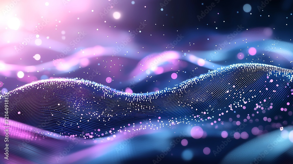 Poster abstract waves of light and color, featuring vibrant shades of purple and blue with shimmering parti