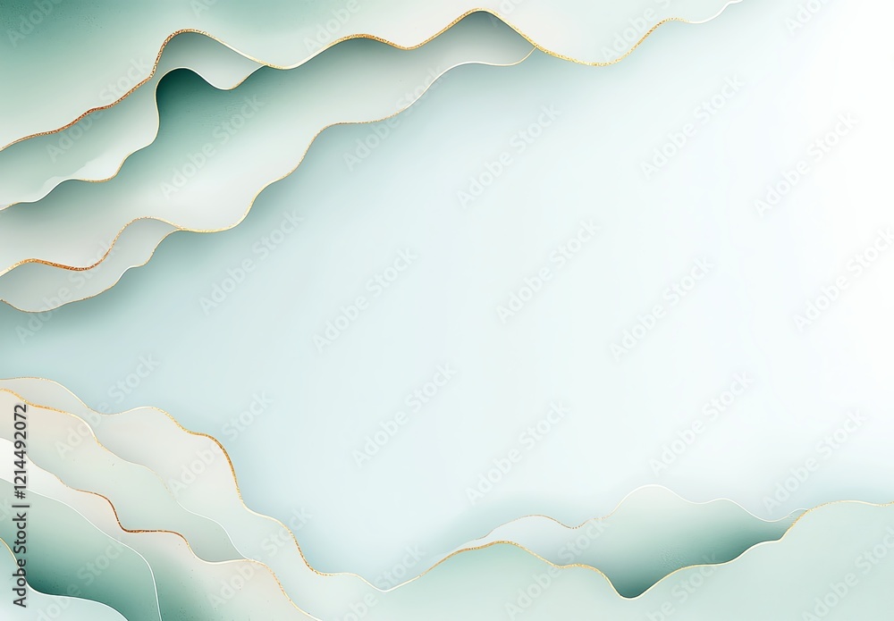 Poster an abstract composition featuring layers of soft, wavy lines in soothing shades of green and cream, 