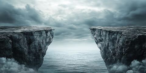 A dramatic scene of a massive gap between two rocky cliffs under a cloudy sky, with a view of the ocean below, symbolizing isolation, challenge, and opportunity.