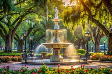 Obraz premium Minimalist Savannah Georgia Fountain, Serene Water Feature, Historic City Park