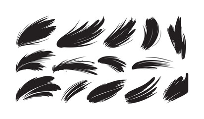 Collection of black brush stroke elements, abstract ink brush strokes, hand-drawn paintbrush swashes, artistic brushstroke set for design, vector illustration on white background