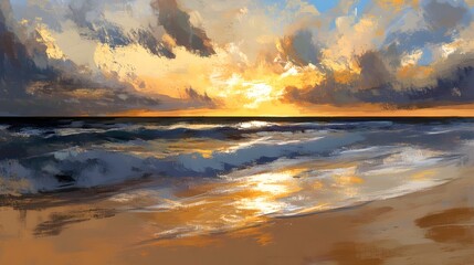 Golden Sunset Seascape  Ocean Beach  Dramatic Clouds