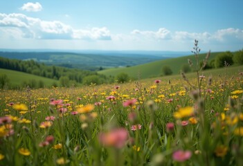 Fototapeta premium Scenic Meadow with Vibrant Wildflowers and Rolling Hills Under a Clear Blue Sky, Capturing Tranquil Countryside Beauty