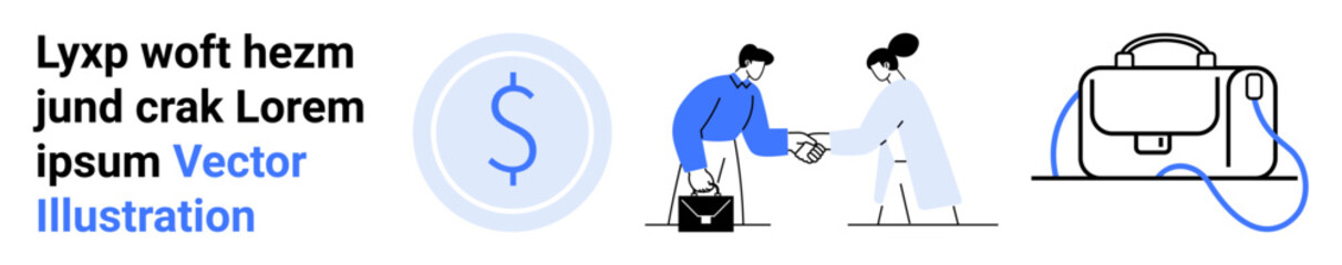 Dollar icon, two people shaking hands, and a bag with a handle. Ideal for business, finance, partnerships, corporate dealings, professional services, money transactions, marketing. Landing page