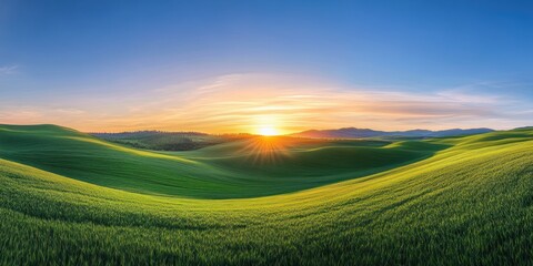 Obraz premium Rolling Green Hills Sunset Landscape Scene