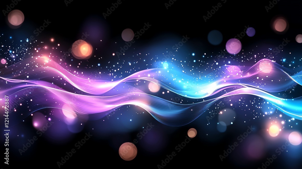 Poster bright and colorful abstract waves in pink, blue, and purple with glowing particles on a dark backgr