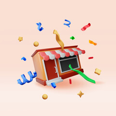 3d store front shop with window and door in confetti. Render wooden and brick facade. Glass showcase of boutique fireworks explosion. Market or supermarket grand opening. Vector illustration