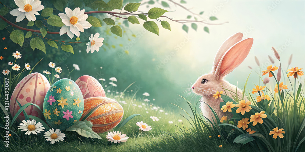 Poster cute bunny in the grass in a spring garden with easter eggs and spring flowers. holiday banner with 