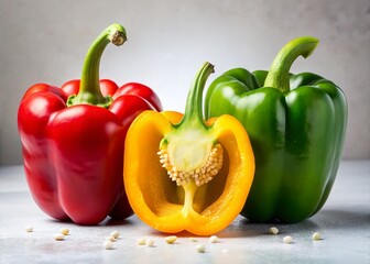 Minimalist Still Life: Halved Bell Peppers with Seeds, Red Yellow Green