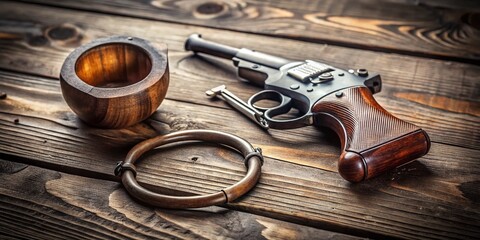 Obraz premium Minimalist Still Life: Handgun, Handcuffs, Smoking Pipe on Wood