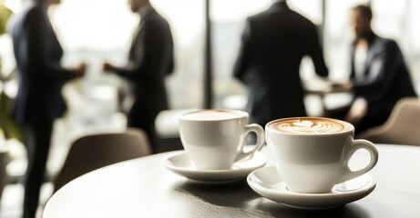 Une réunion professionnelle avec des tasses de café sur un table, arrière-plan flou avec des gens en costume debout, un espace de bureau avec de grandes fenêtres donnant sur l'extérieur.