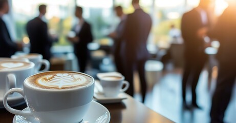 Une réunion professionnelle avec des tasses de café sur un table, arrière-plan flou avec des gens en costume debout, un espace de bureau avec de grandes fenêtres donnant sur l'extérieur.