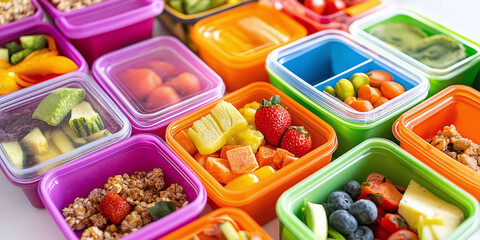 A vibrant assortment of colorful lunch containers filled with fresh fruits, vegetables, granola, and snacks, showcasing healthy and nutritious meal preparation ideas for children.