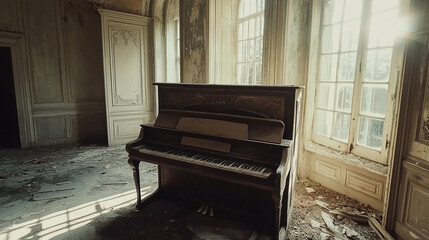 An antique piano sits in a dusty, decaying room of an abandoned mansion, illuminated by soft sunlight streaming through large windows, evoking nostalgia and mystery.