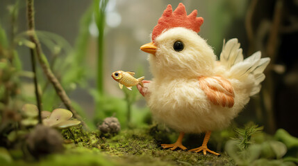 Obraz premium Cute stuffed hen holding a tiny fish