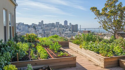 Fototapeta premium A rooftop garden with lush plants, herbs, and vegetables growing in raised beds, overlooking the city.