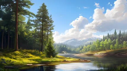 Serene River Landscape  Majestic Mountains  Lush Forest  Sunny Sky