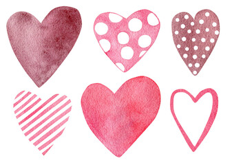 Watercolor illustration set with pink hearts, polka dots, stripes. Isolated on white background. Hand drawn clipart. Perfect for card, postcard, tags, invitation, printing, wrapping.